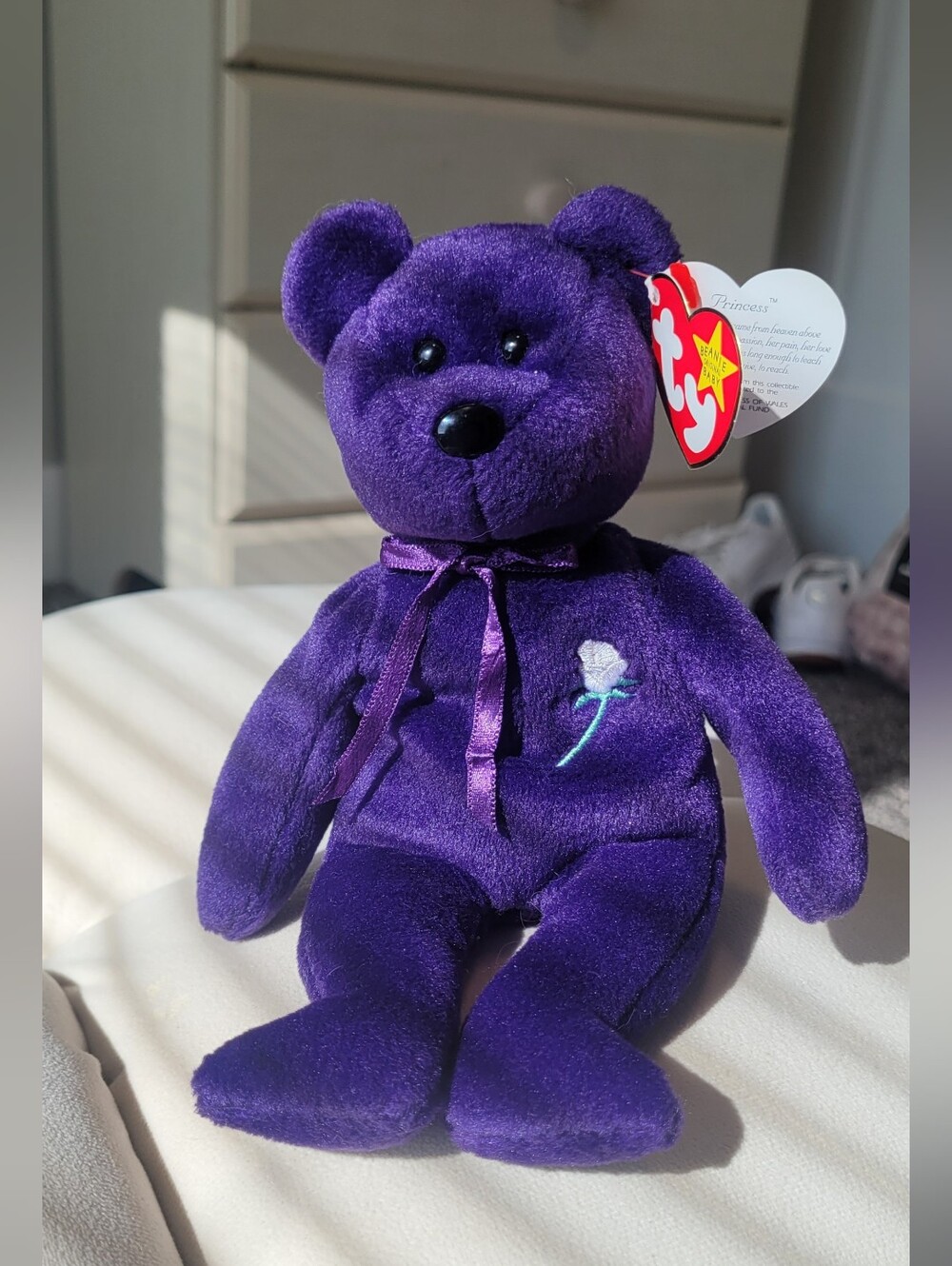 Ty Princess Purple Plush Bear with Embroidered White Rose